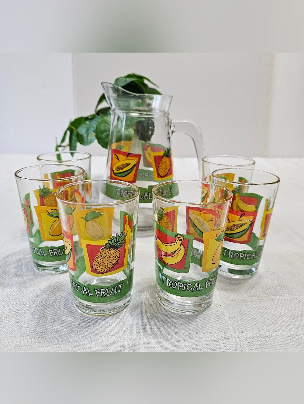 Vintage KIG Indonesia Tropical Fruit Glass Pitcher and Tumbler Set - 7 Pieces